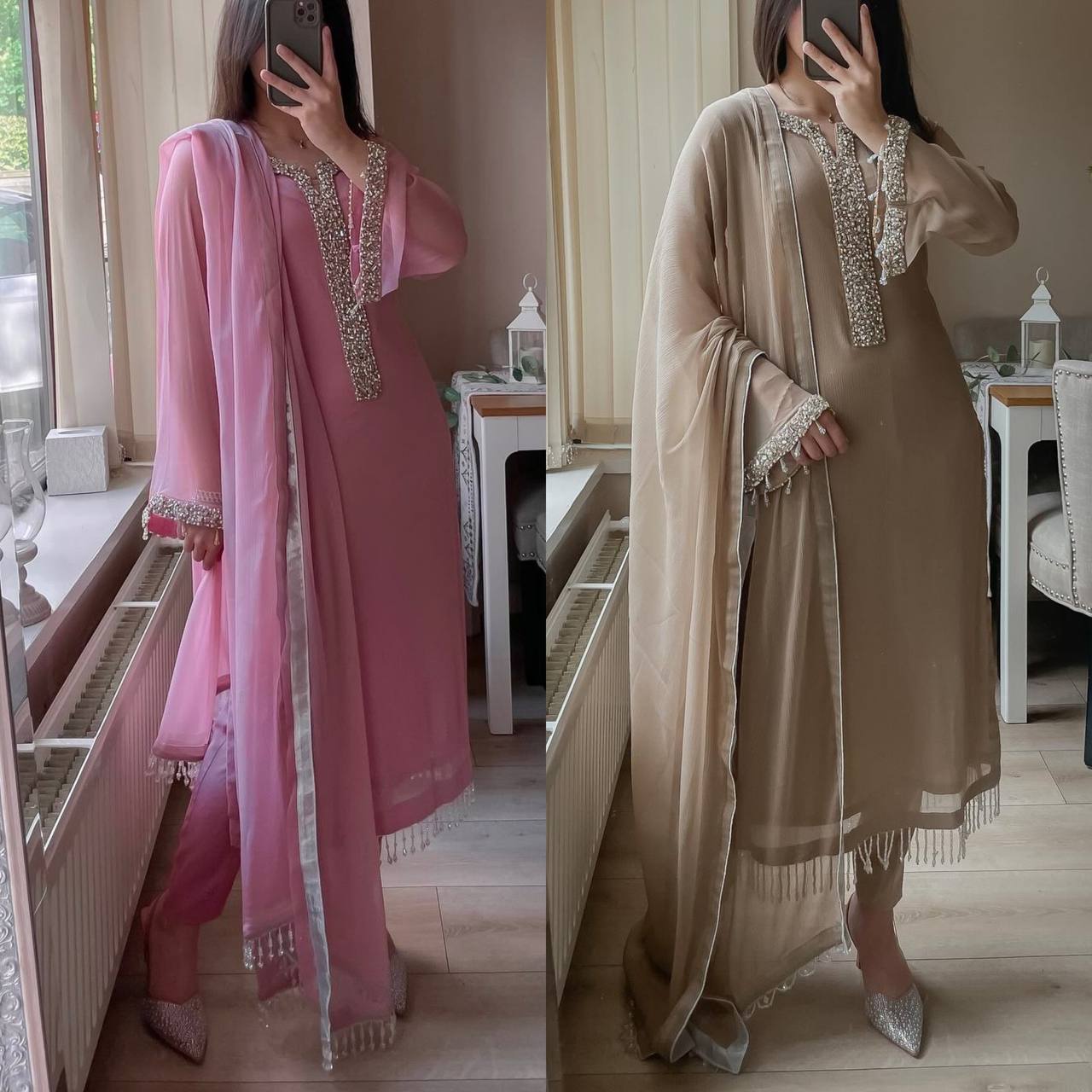 Desirable Fancy Faux Georgette Real Moti Hand Work Top And Pent With D ...