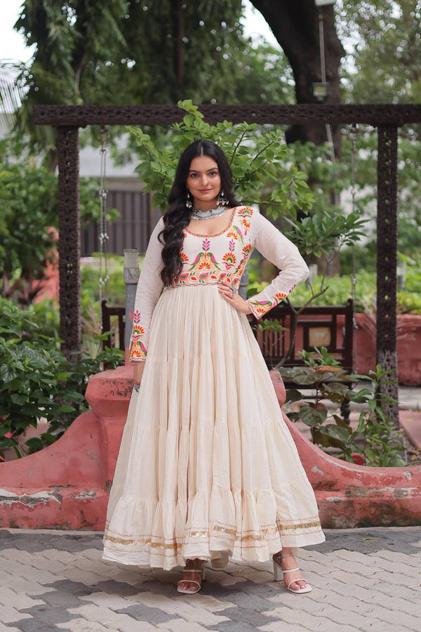 Aarvi's Grace Creamy Layers & Folk Bloom Embroidery Anarkali Gown