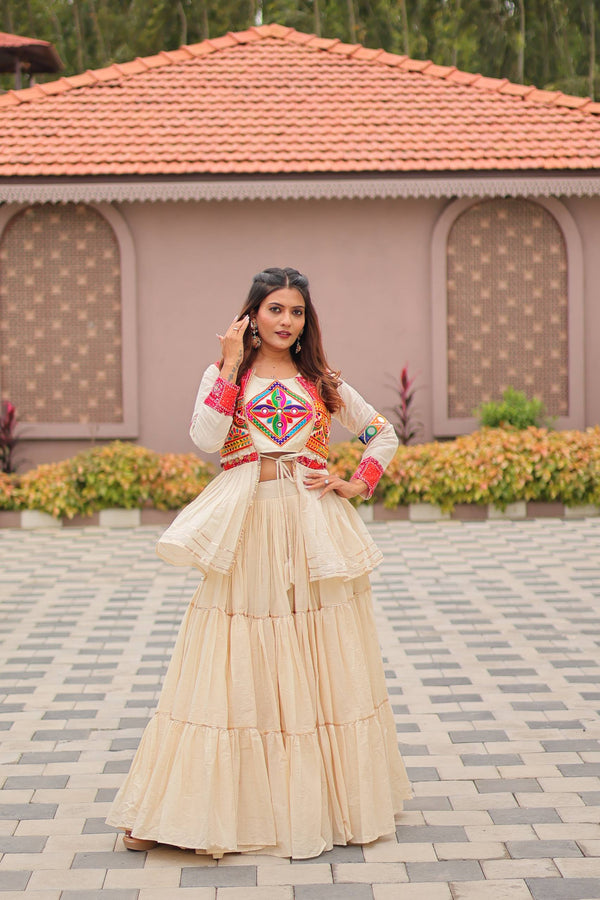 Nidhi Tiered Ivory Lehenga with Traditional Mirror Work Jacket
