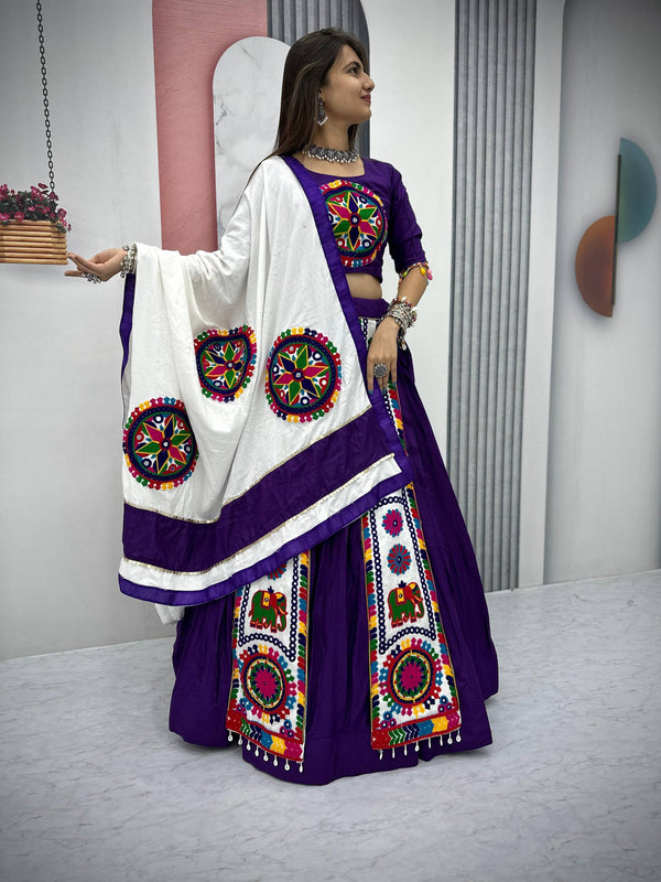 Vibrant Gujarati Embroidery Lehenga with White Dupatta