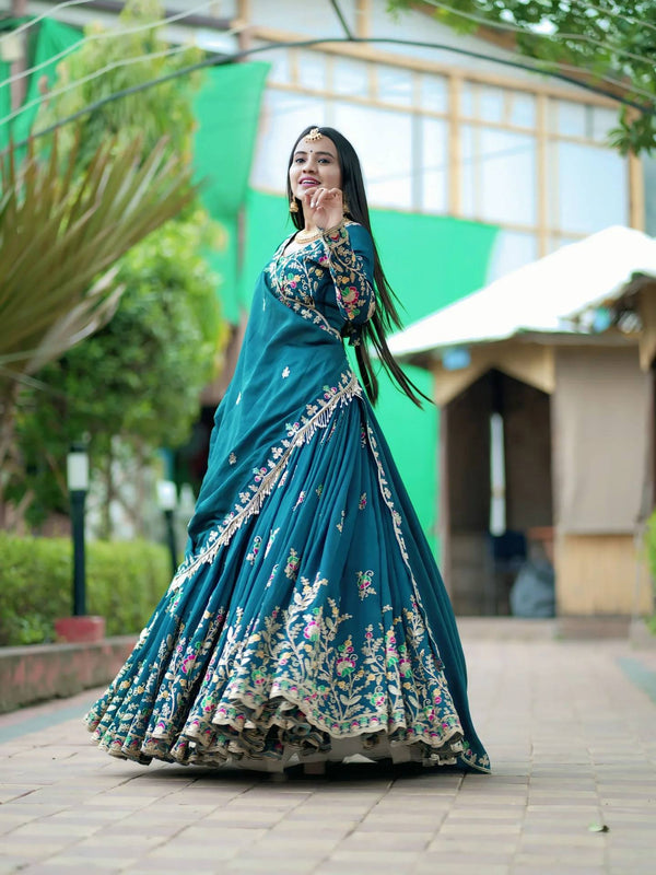 Mehrunissa Multicolor Embroidered Teal Lehenga Choli