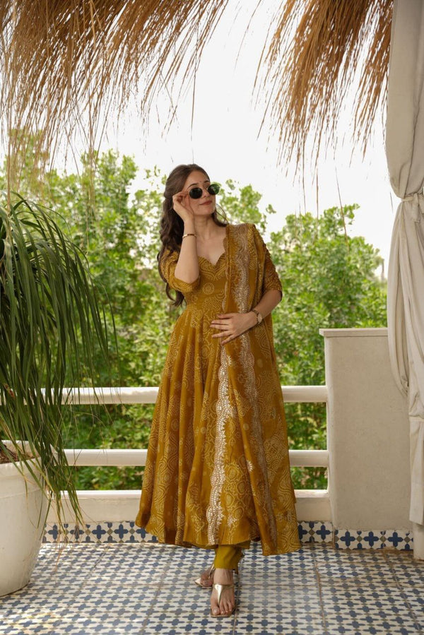 Maitry Bandhani  Mehandi Color Anarkali Suit Set