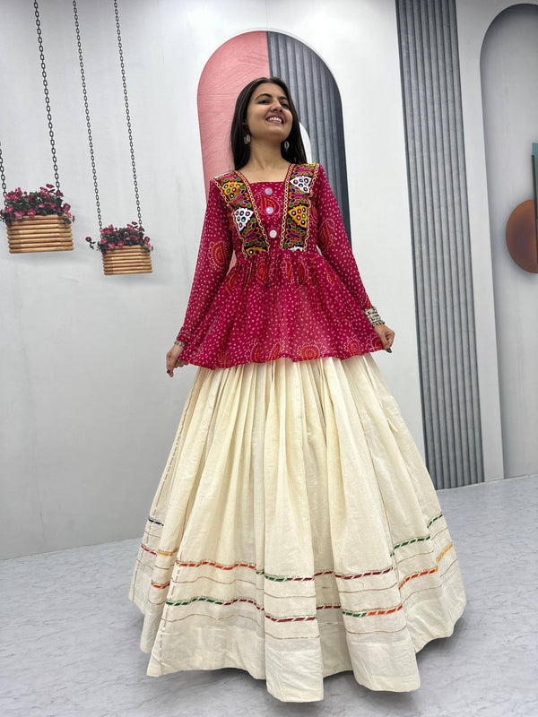 Khusi Mirrorwork Kurti Style Choli with Ivory Multicolor Borders Lehenga Choli