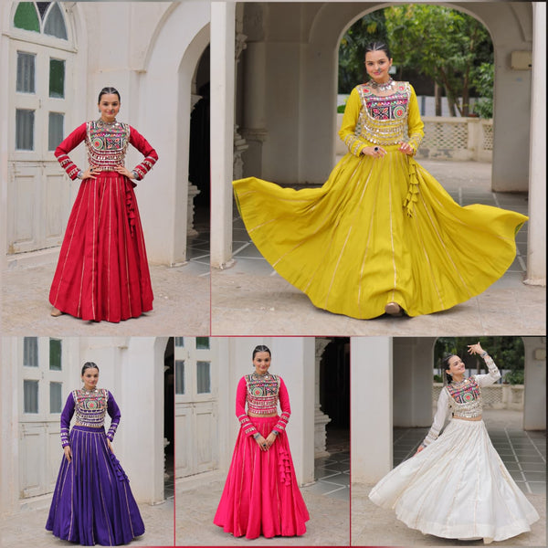 Nurvi Mirror-Work Lehenga Choli with Full Sleeve Embroidered Blouse