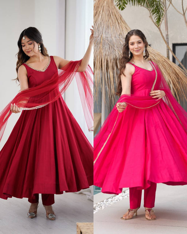 Ravi Rani Pink  Romansilk Chanderi Anarkali Suit