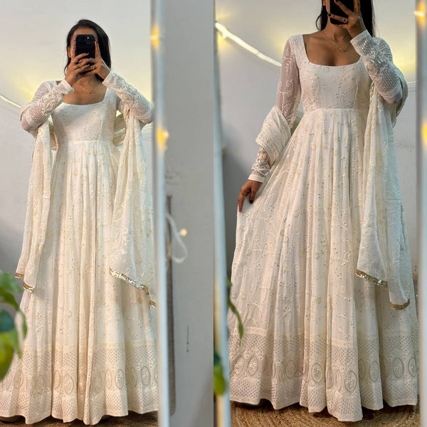 Jeevika Classic White Thread Embroidery Anarkali Gown