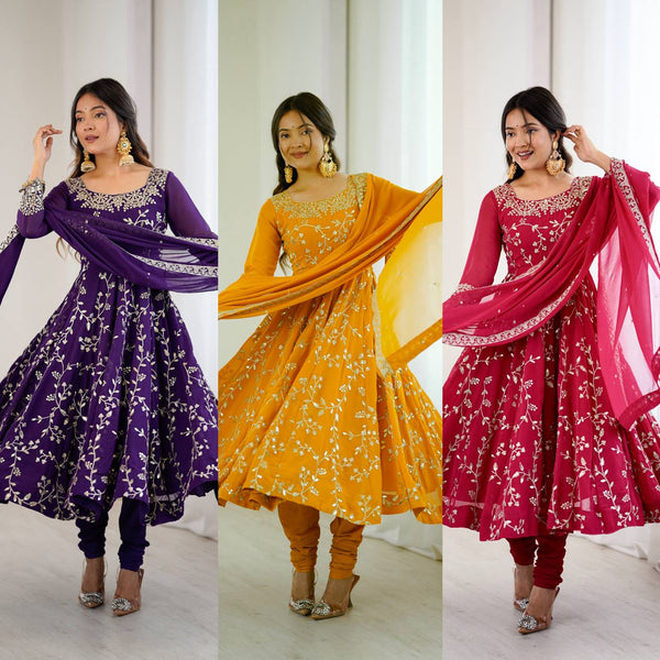 Aaradhya’s Regal Ruby Embroidered Ensemble Anarkali with Graceful Dupatta