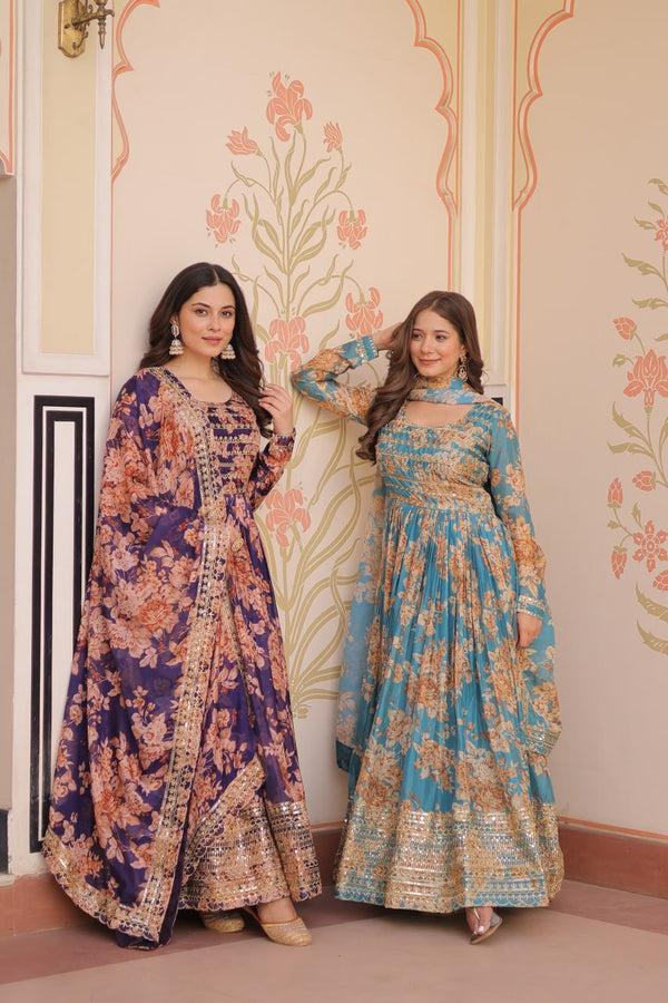 Ruhi Russian Silk Rich  Digital Print With Embroidered Sequins Work Gown