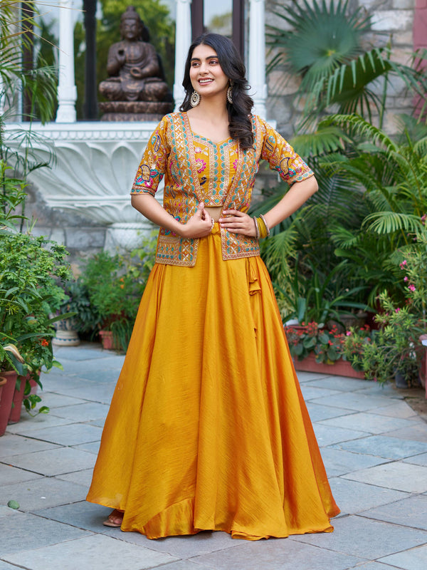 Aarvi Mustard And Lavender Embroidered Jacket Lehenga Set