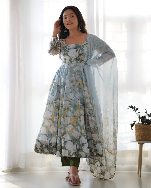 BloomAura Heavy Pure Soft Organja Silk Floral Print Anarkali Set