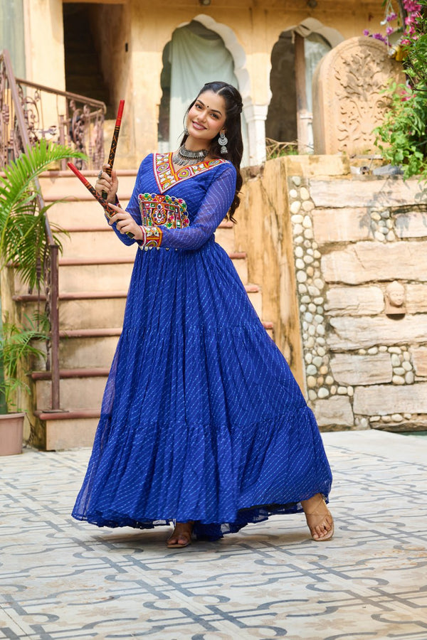 Navrang Twirl Magic: Mirror Embroidered Tiered Flare Gown