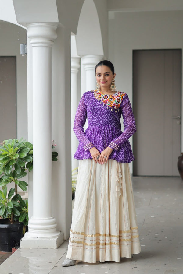 Festive Grace: Mirror-Work Peplum Top with Cream Flared Lehenga