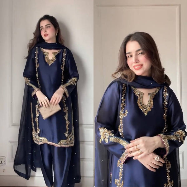 Azure Moti Hand Work Crep Silk Farshi Salwar