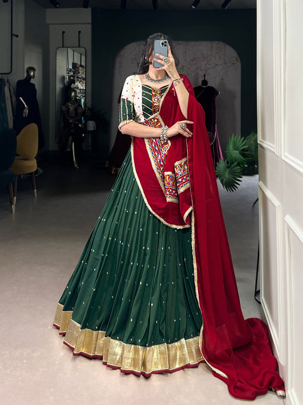 Green Mirror Work Chaniya Choli with Maroon Dupatta