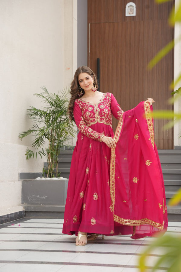 Zarina Embroidered Pink And Wine Anarkali Gown